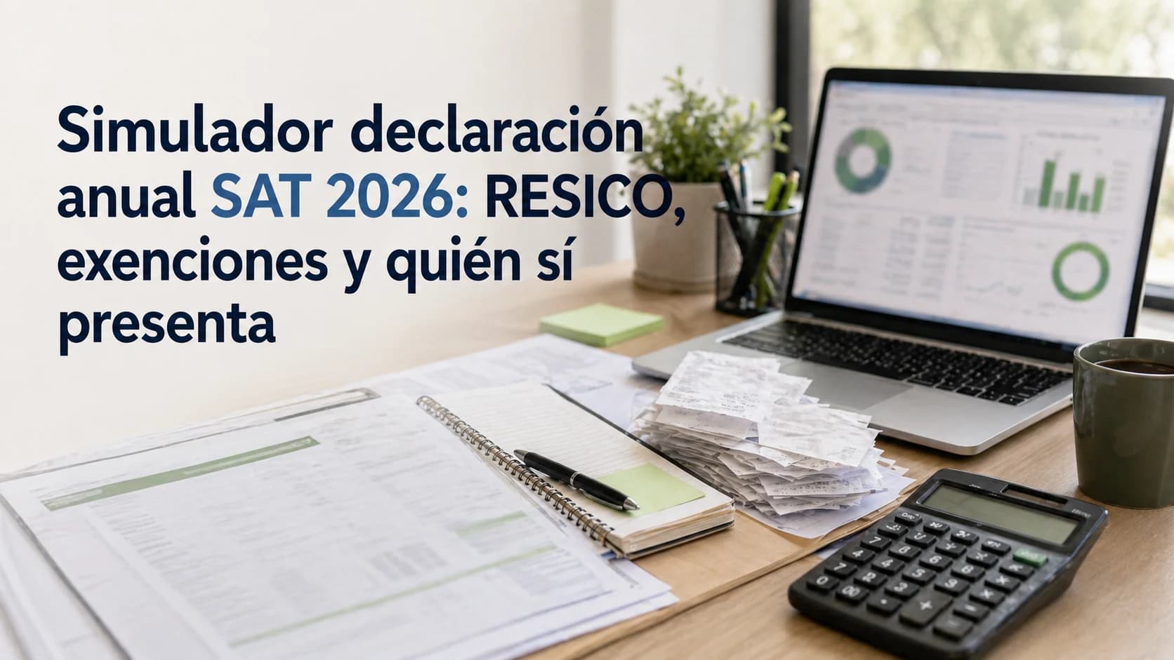 Portada editorial del artículo sobre simulador de declaración anual SAT 2026 para RESICO y sus exenciones.