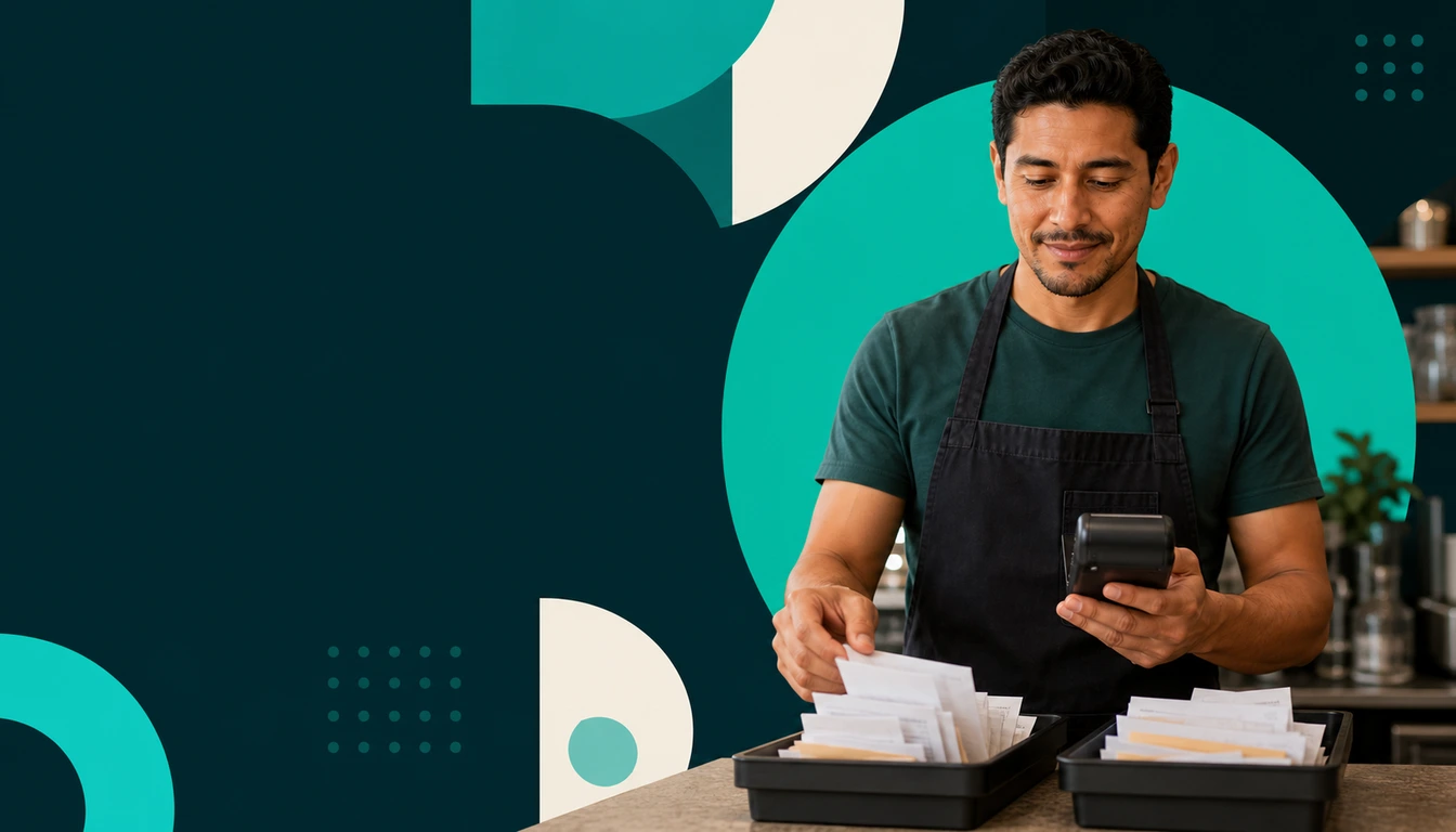 Small-business owner reconciling sales and receipts for month-end close.
