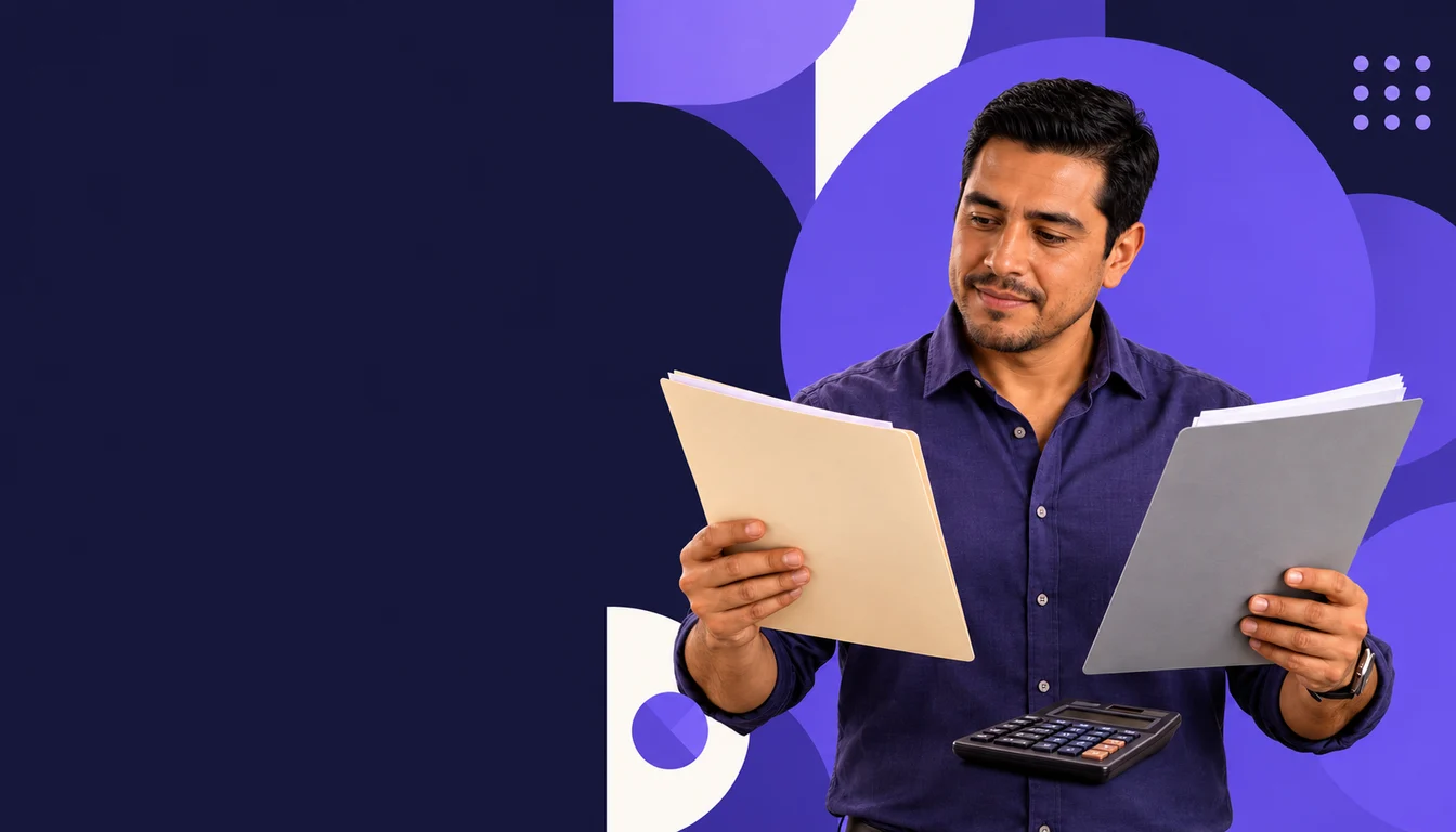 Socio mexicano comparando documentos de remuneración y utilidades con una calculadora.