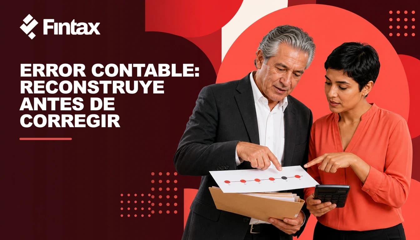Empresario y contadora reconstruyendo un error contable con documentos de varios ejercicios.