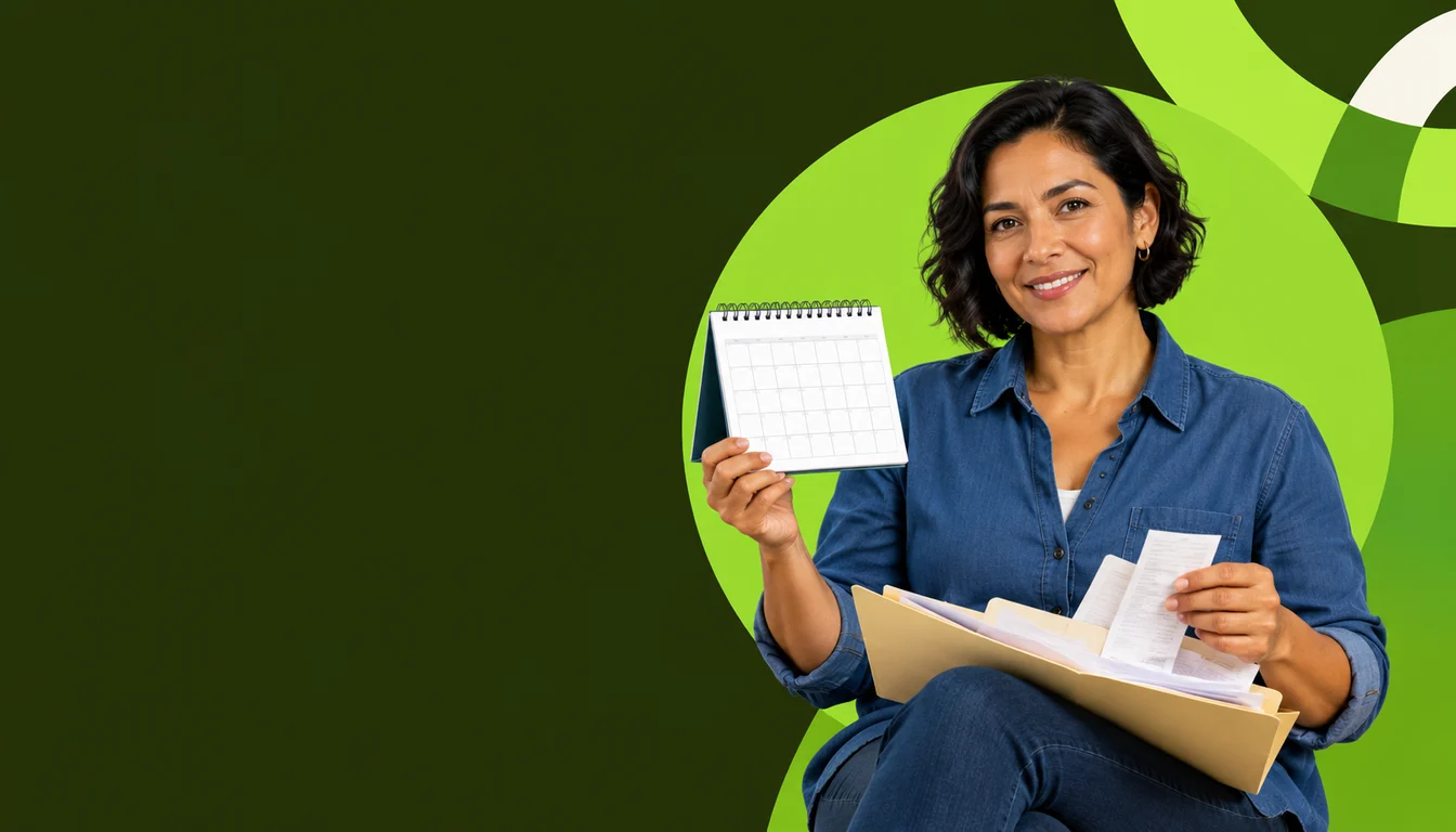 A Mexican workshop owner sorts a folder of receipts beside a first-quarter calendar.