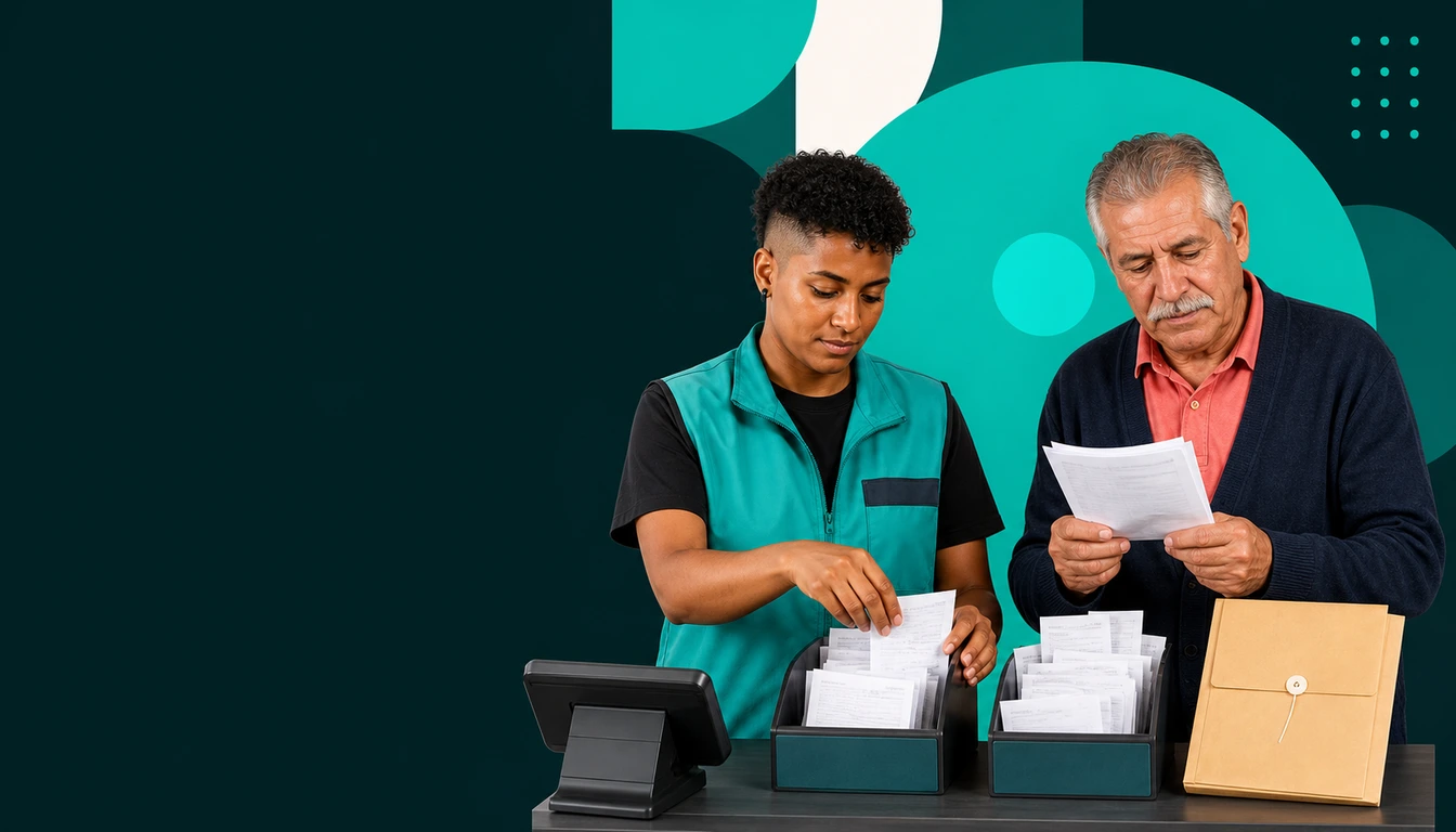 Afro-Mexican retail controller and Mexican market vendor separating named invoices from tickets assigned to the global CFDI.