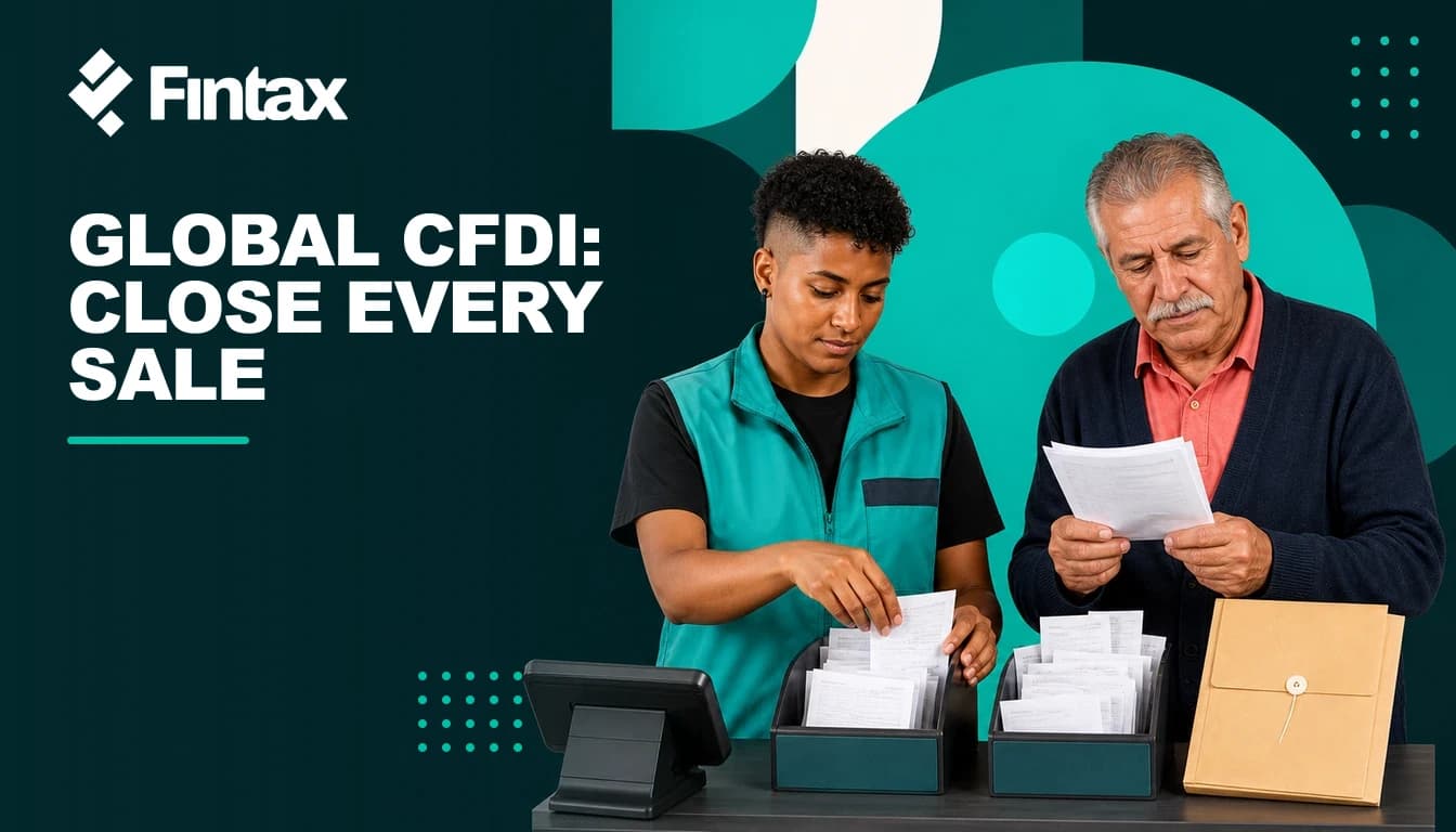 Afro-Mexican retail controller and Mexican market vendor separating named invoices from tickets assigned to the global CFDI.