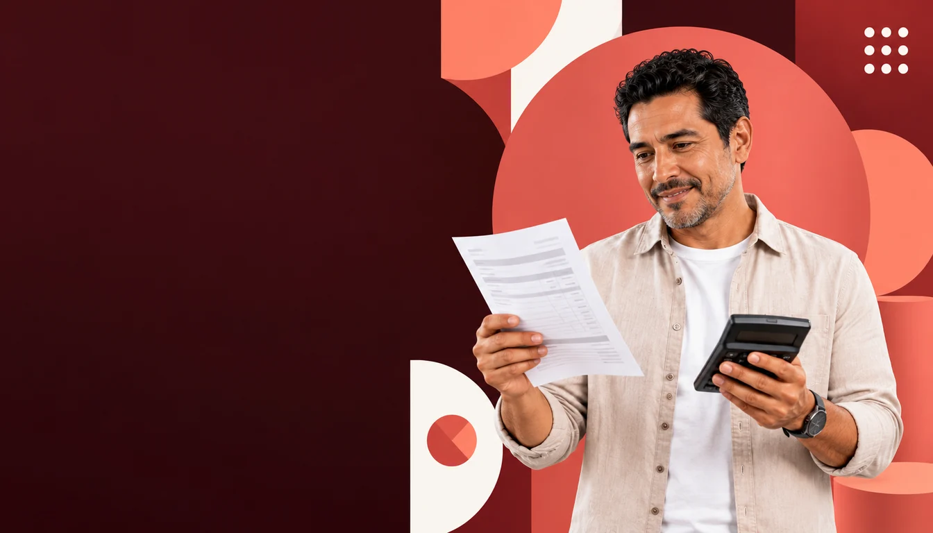 A Mexican person compares an invoice sheet with a payment ledger while using a calculator.