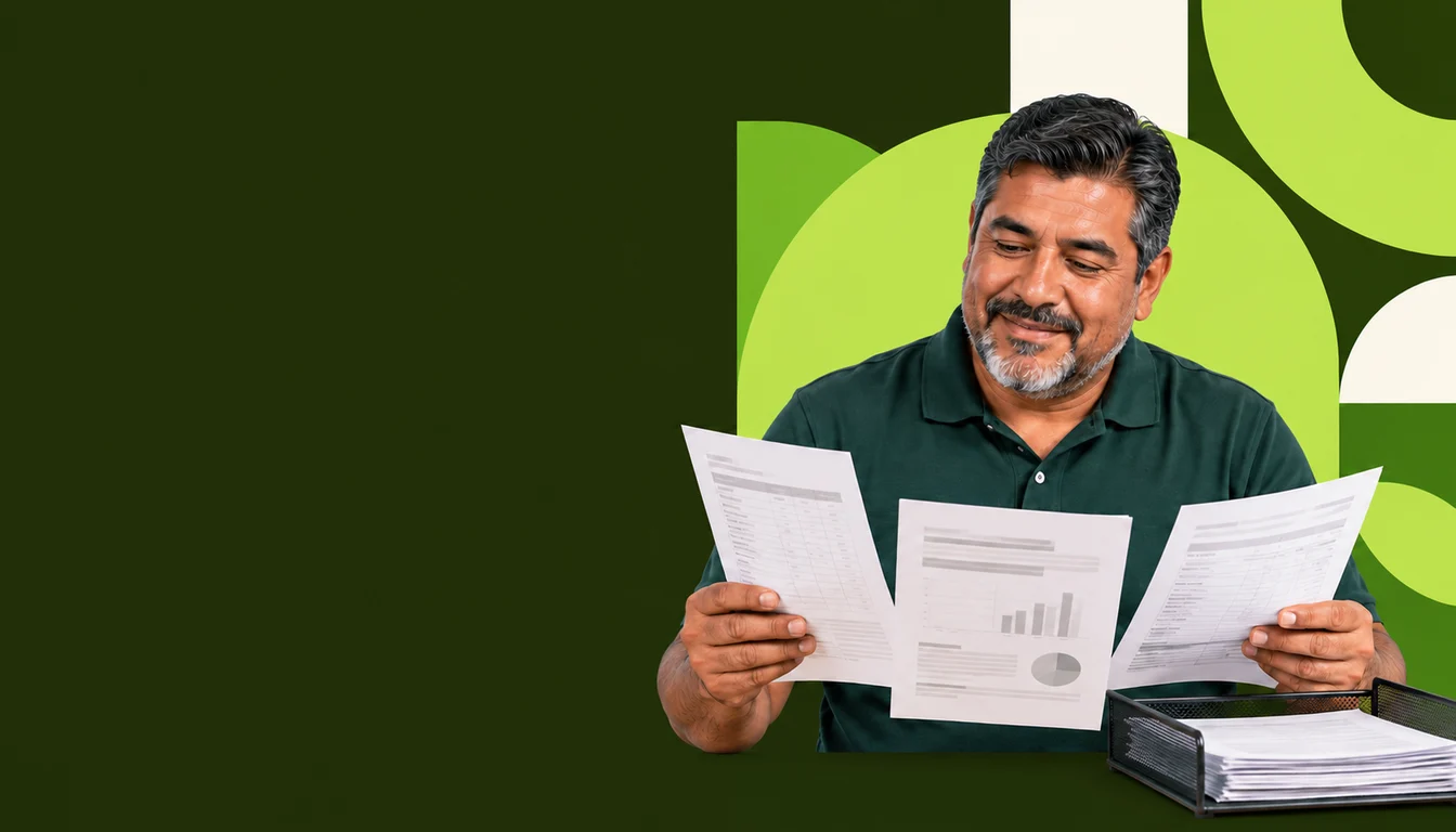 A Mexican professional organizes records of service income, rental income and salary at her desk.