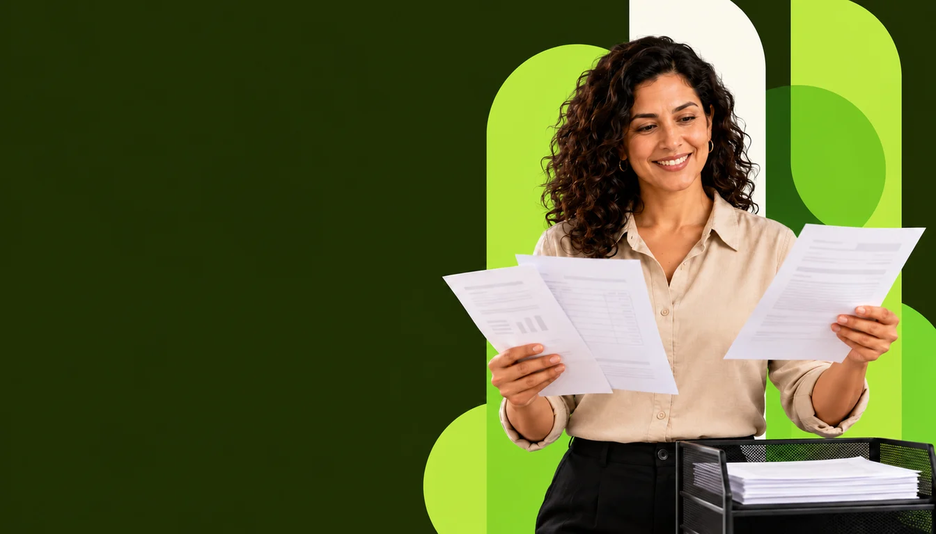 Una profesionista mexicana organiza comprobantes de ingresos por servicios, rentas y salario sobre su escritorio.