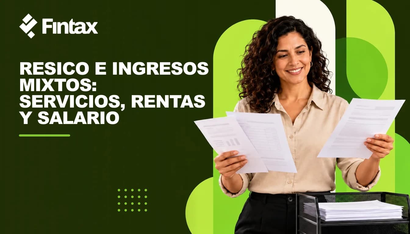 Una profesionista mexicana organiza comprobantes de ingresos por servicios, rentas y salario sobre su escritorio.