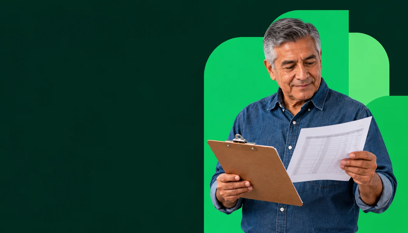 A Mexican business owner compares two weekly control sheets held on a clipboard.