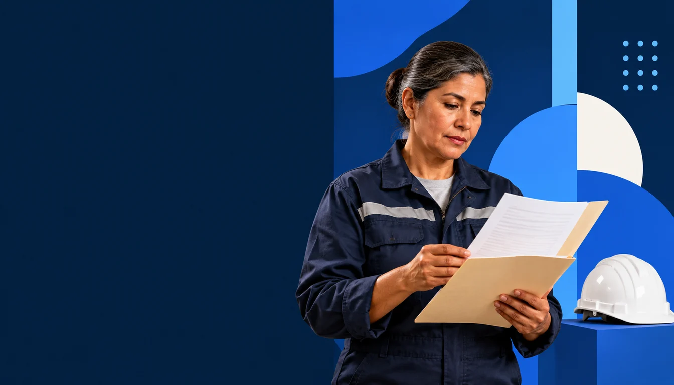 Una persona empleadora mexicana revisa el registro de un trabajador junto a un casco de seguridad.