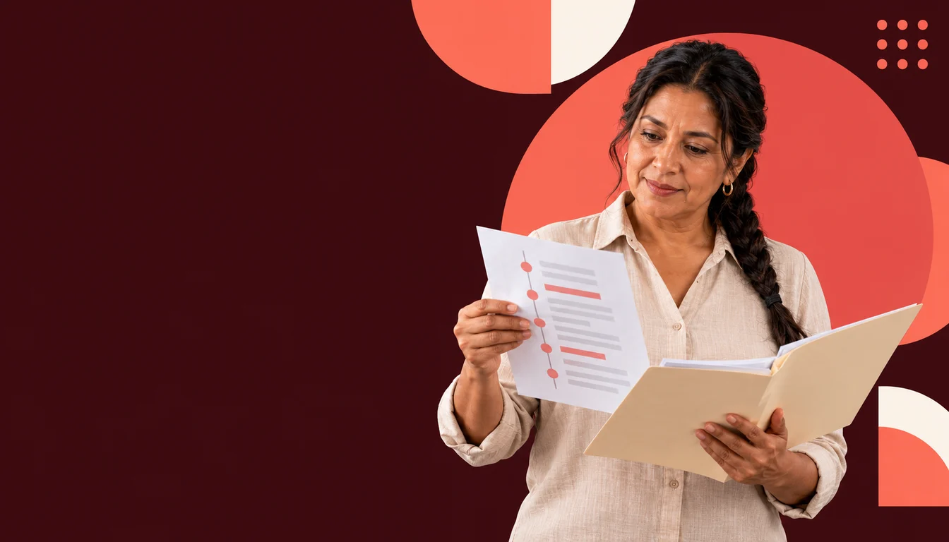 Una persona mexicana dueña de un negocio abre una carpeta de documentos desatendidos y revisa la cronología de una notificación.