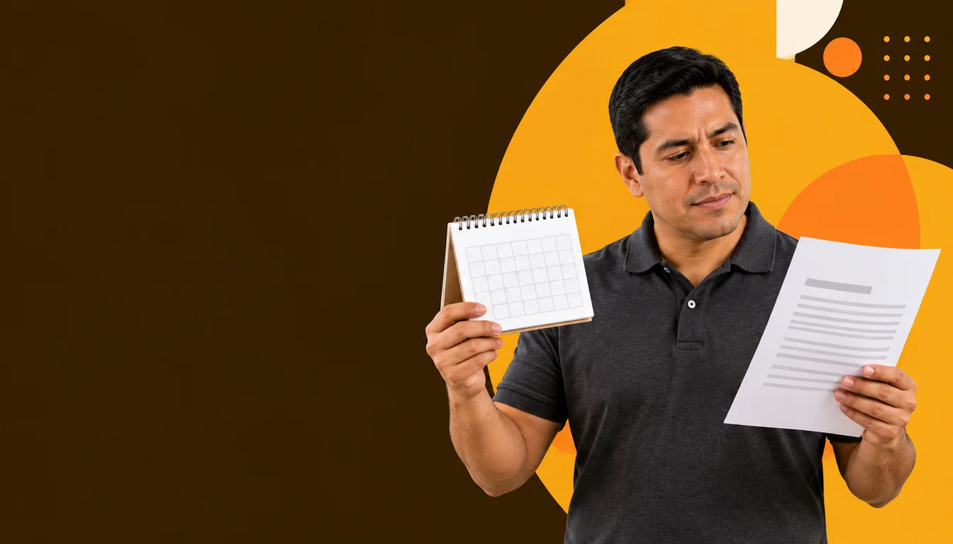 Una contadora mexicana compara un calendario con un documento genérico de apariencia oficial, sin símbolos.