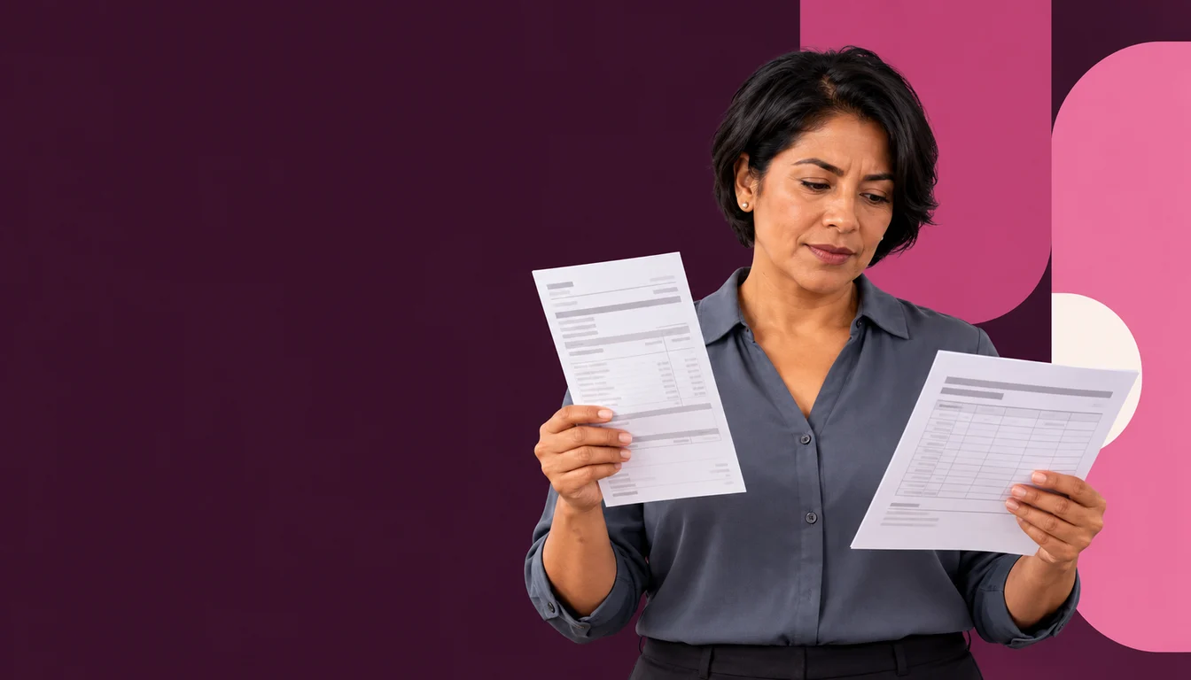 Una especialista mexicana de nómina compara recibos de pago con registros del salario base de cotización.