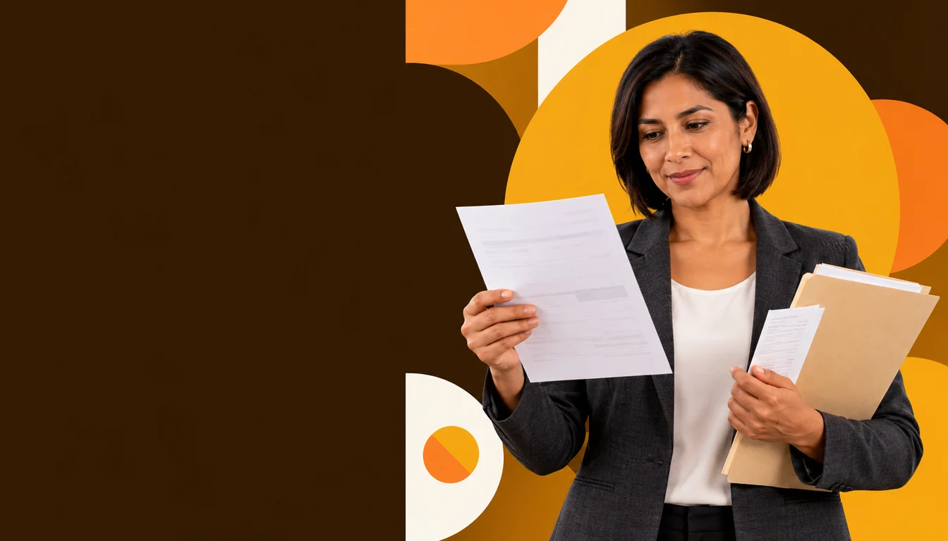Una persona mexicana propietaria de un negocio revisa una resolución fiscal con una carpeta delgada de expediente y documentos en papel.