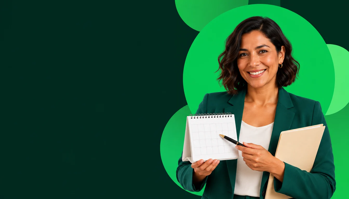 Empresaria mexicana revisando una carpeta de diagnóstico y marcando acciones en un calendario.