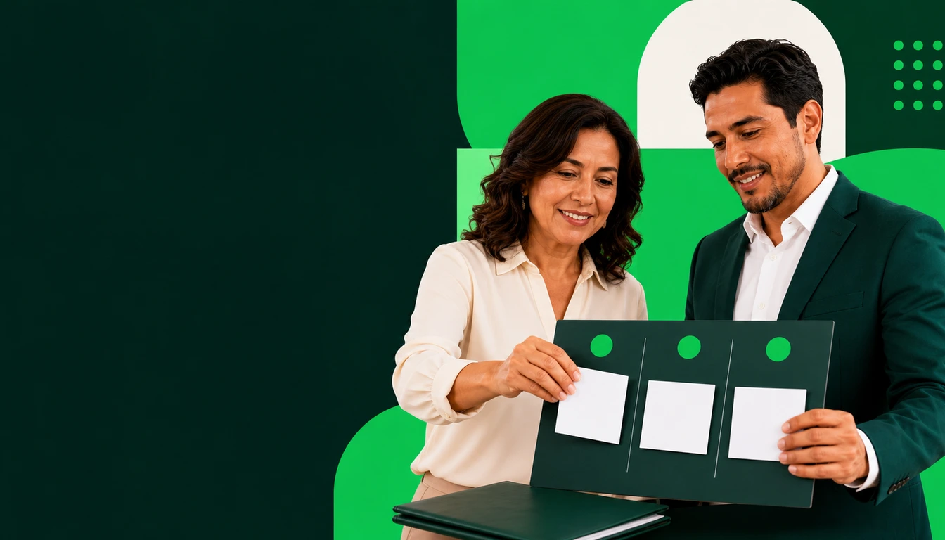 Asesora mostrando a un empresario un diagnóstico fiscal priorizado con plan de acción.