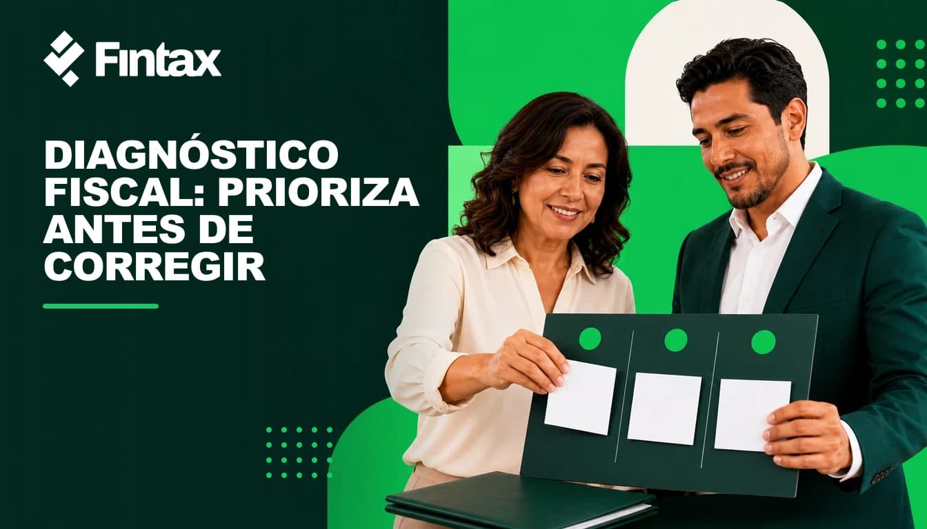 Asesora mostrando a un empresario un diagnóstico fiscal priorizado con plan de acción.