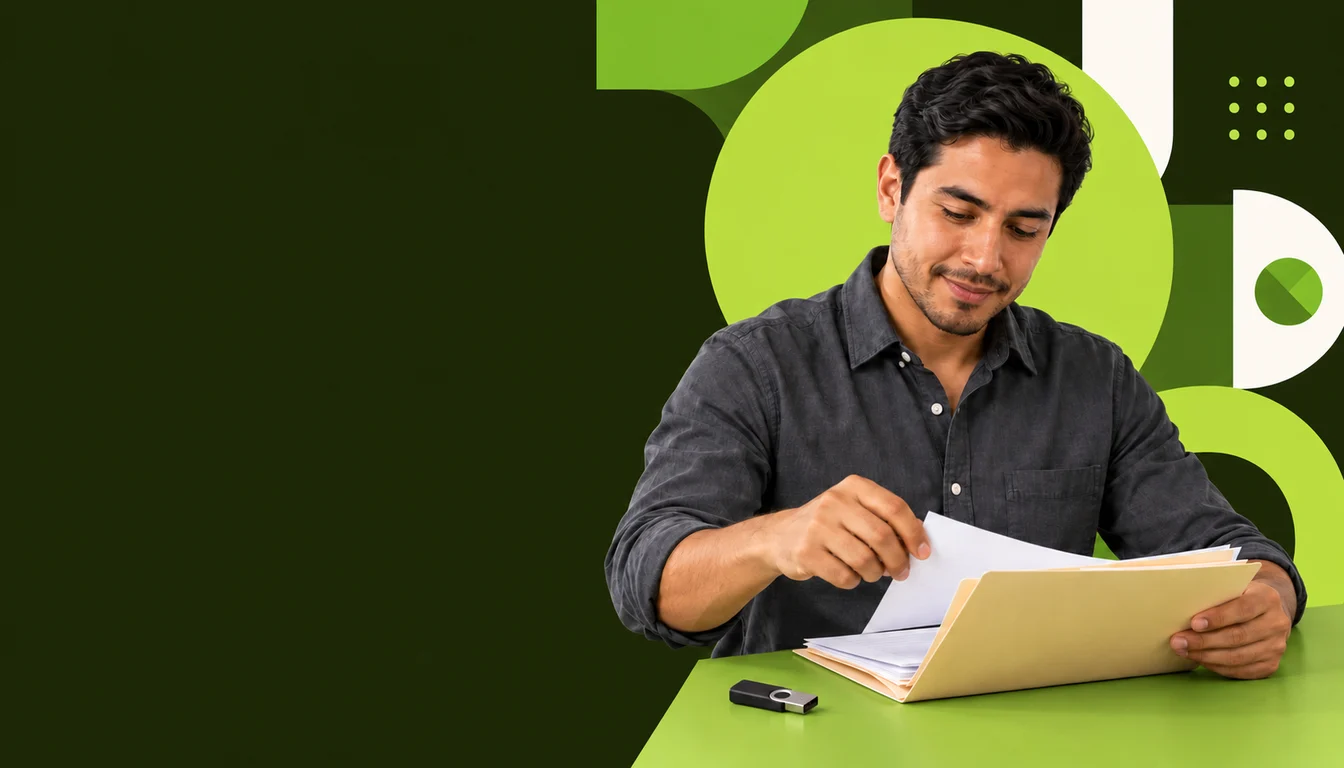 Una persona mexicana etiqueta una carpeta de documentos junto a una memoria USB y papeles con texto ilegible.