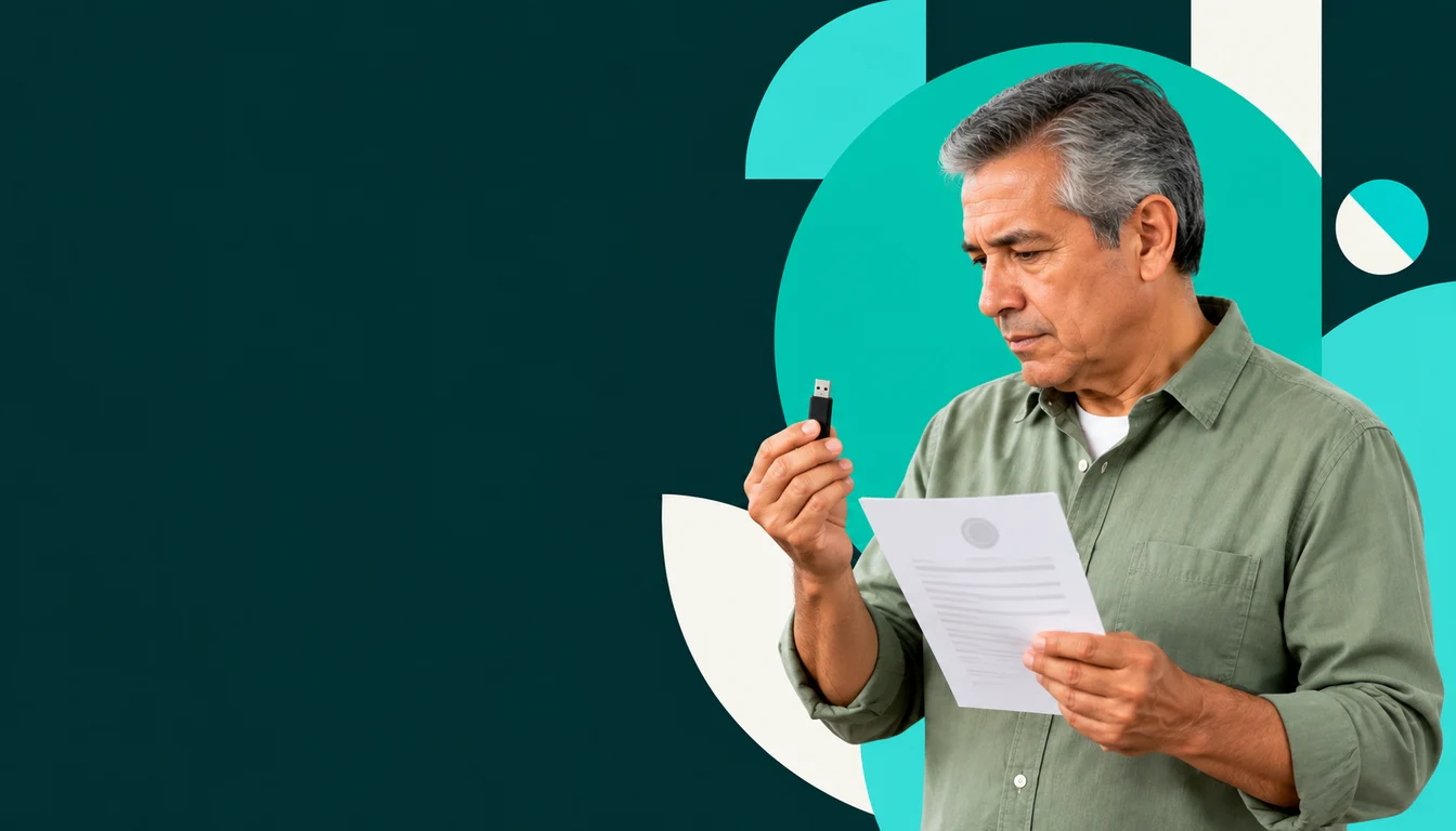 A Mexican woman compares a USB drive with a generic certificate sheet at her desk.