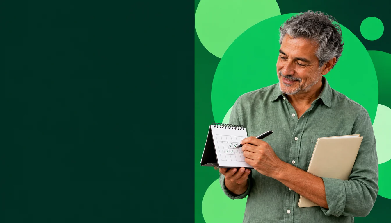 Mexican business owner reviewing a tax diagnosis folder and marking actions on a calendar.