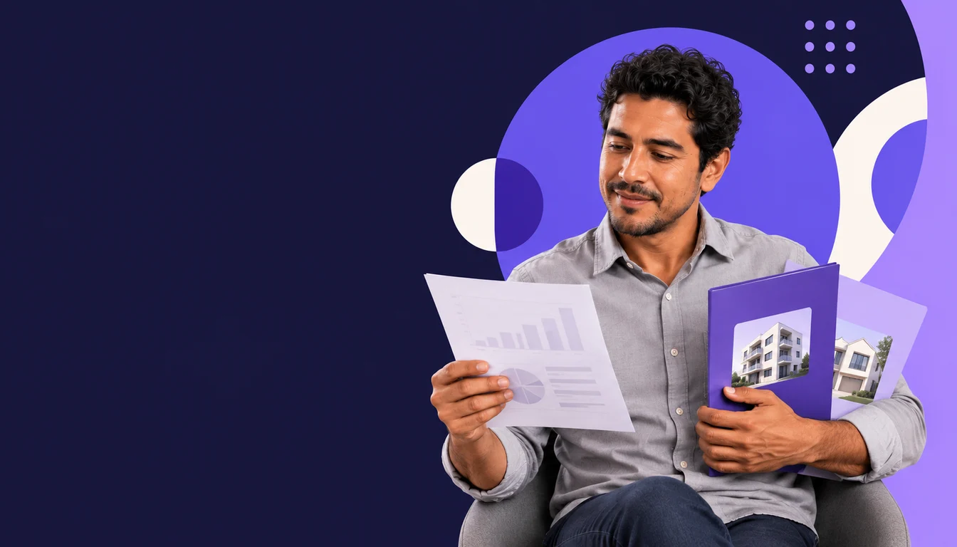 A Mexican property owner compares two property folders and a calculation sheet for her rental portfolio.