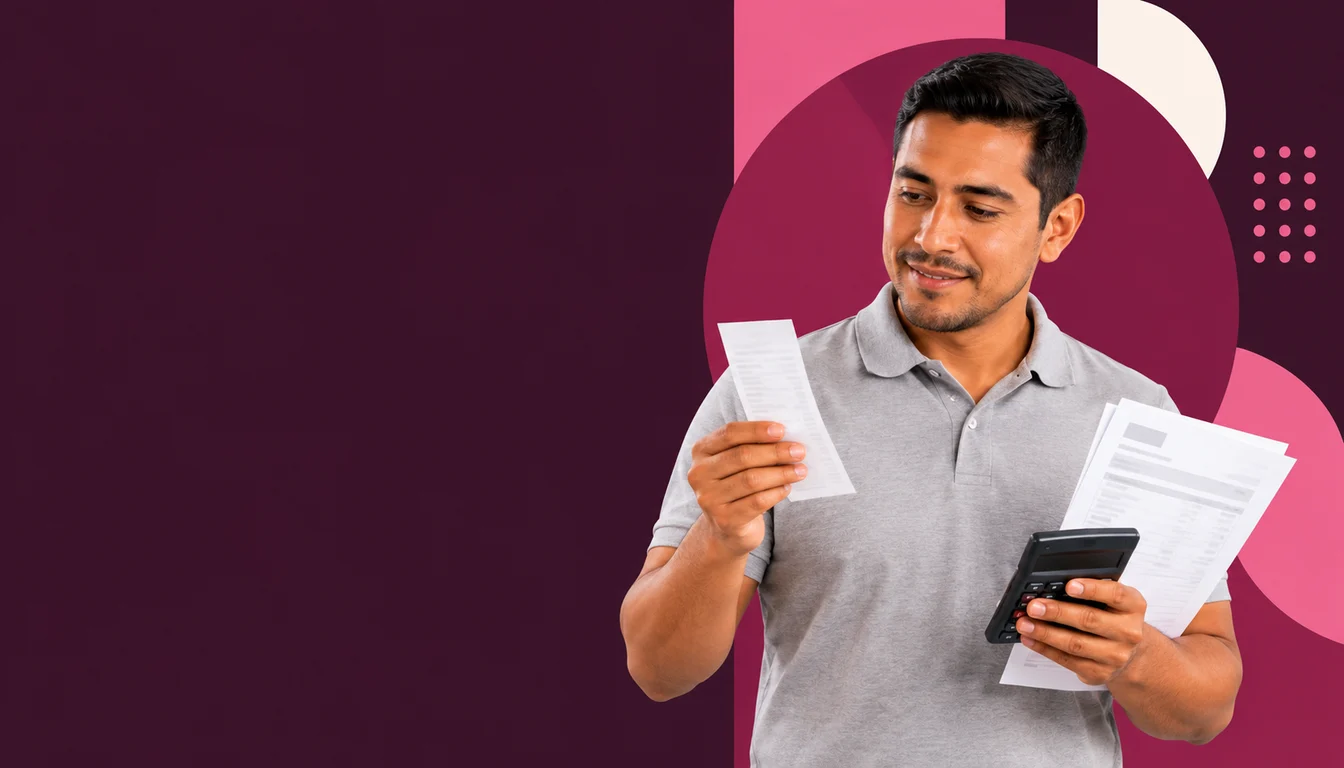 A Mexican merchant links a payment receipt to an invoice while using a calculator.