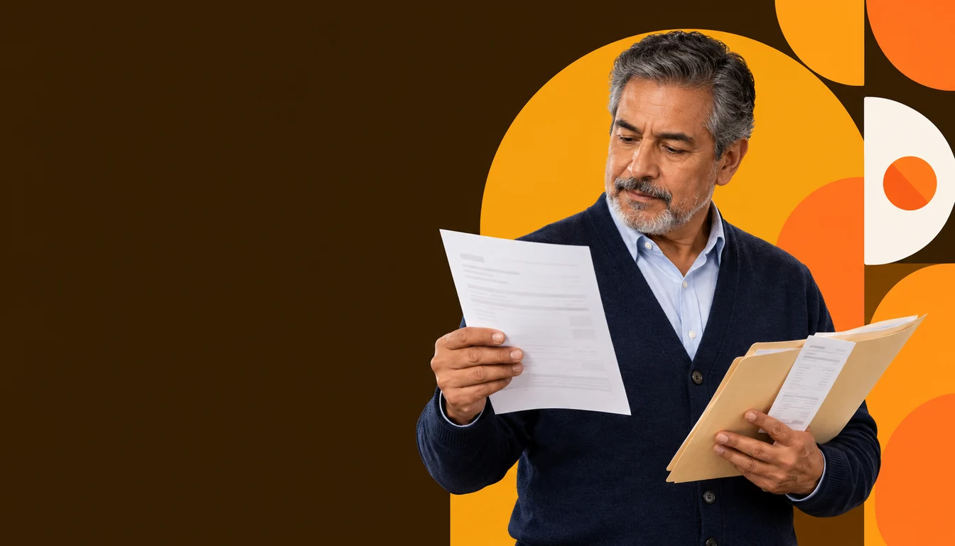 A Mexican business owner reviews a tax assessment with a slim case folder and paper documents.