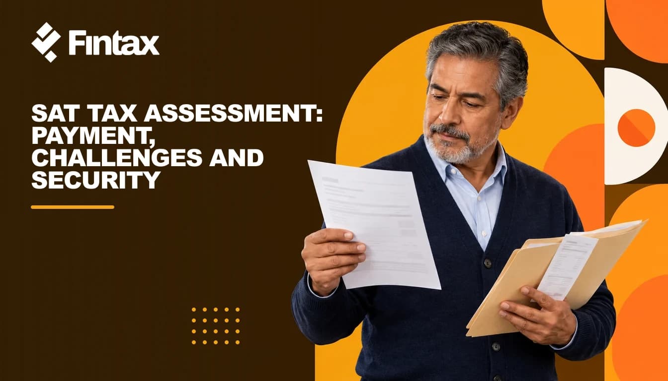 A Mexican business owner reviews a tax assessment with a slim case folder and paper documents.