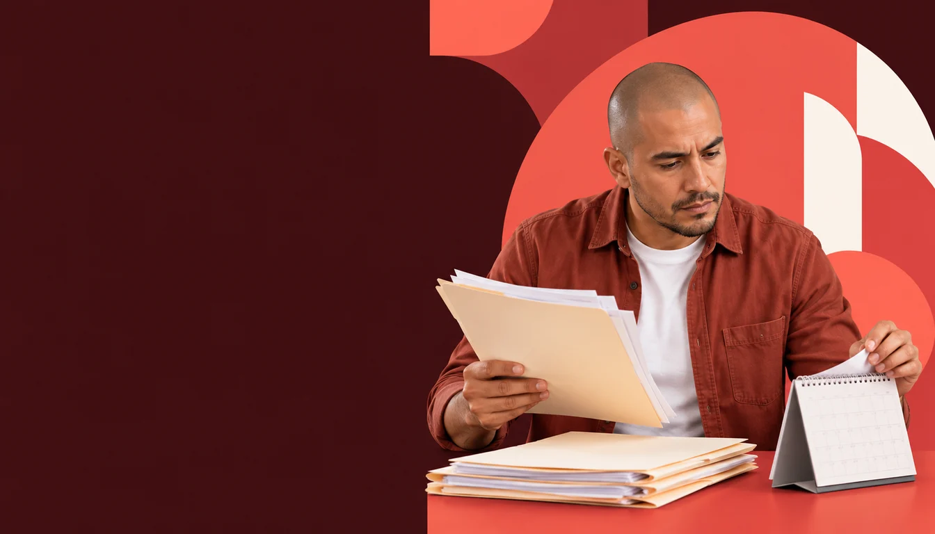 A Mexican business owner reviews a calendar and accounting documents to prioritize pending work.