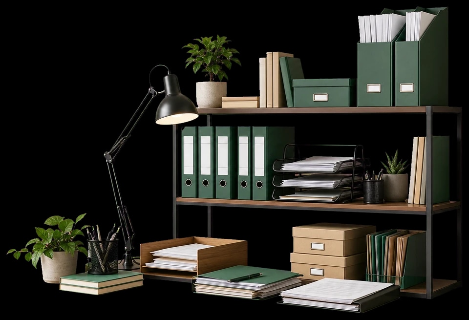 Office shelf with tax folders and accounting files for advisory work