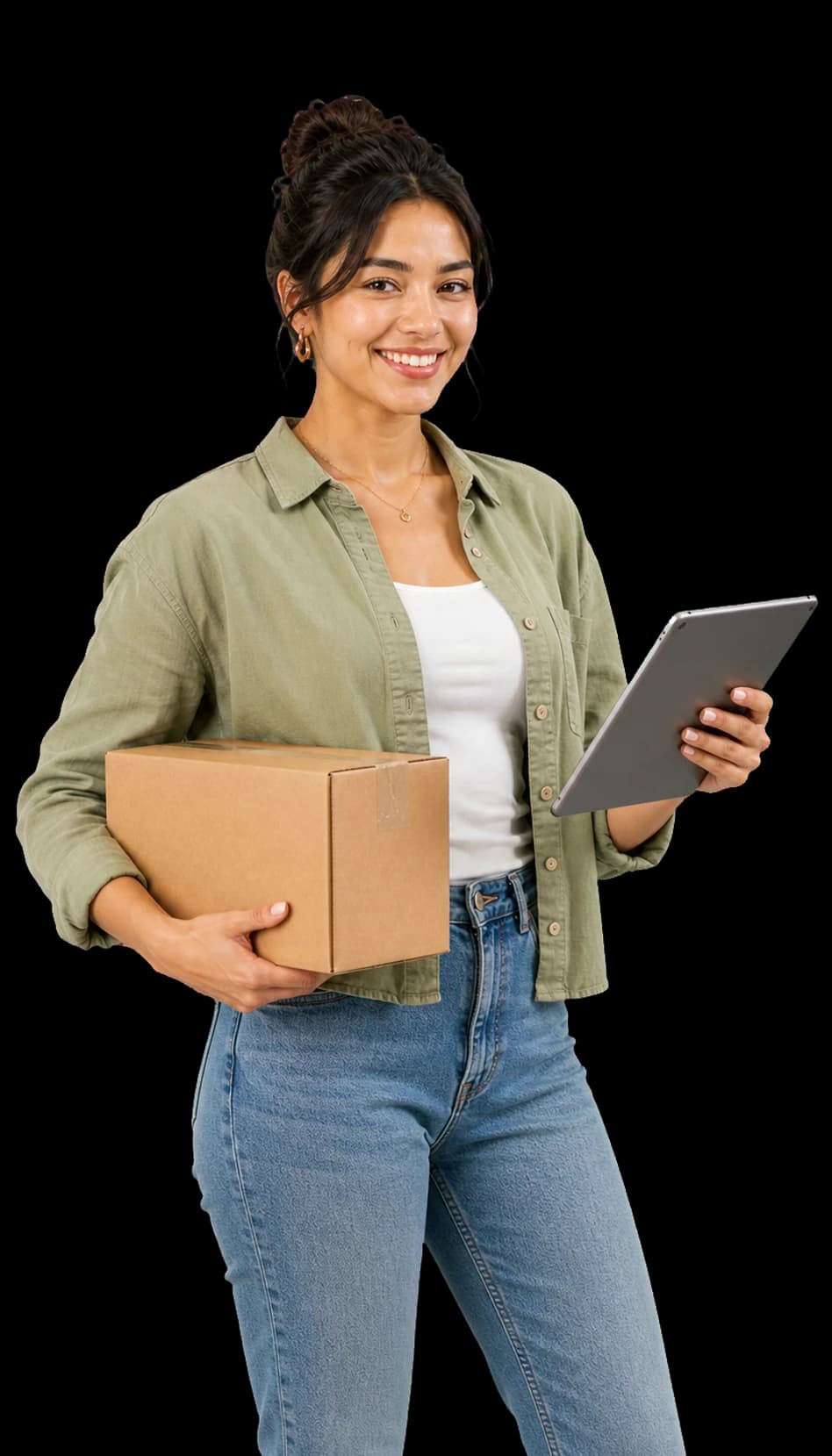Emprendedora con paquetes y tablet organizando facturación RESICO
