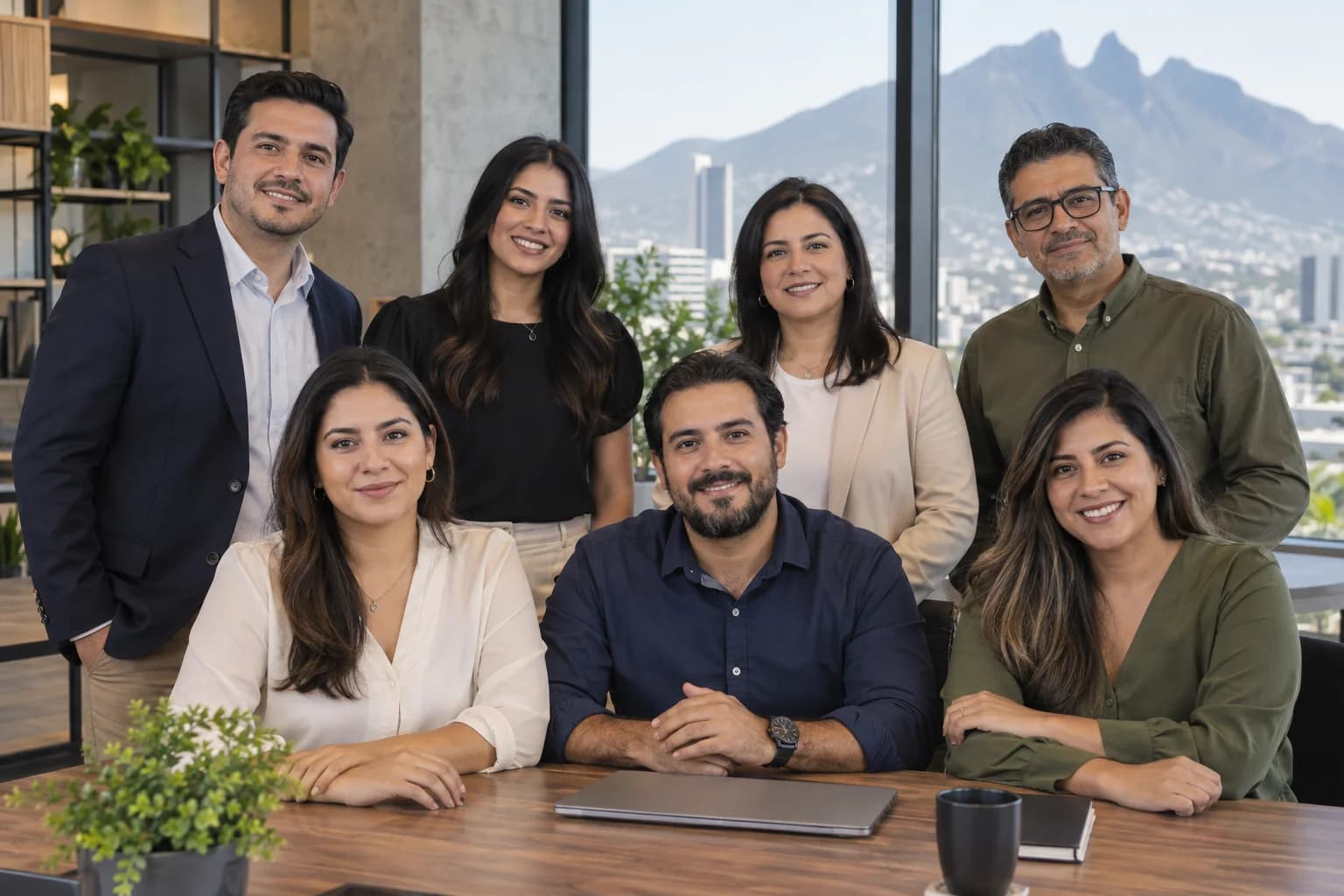 Illustrative portrait of seven professionals smiling in an office
