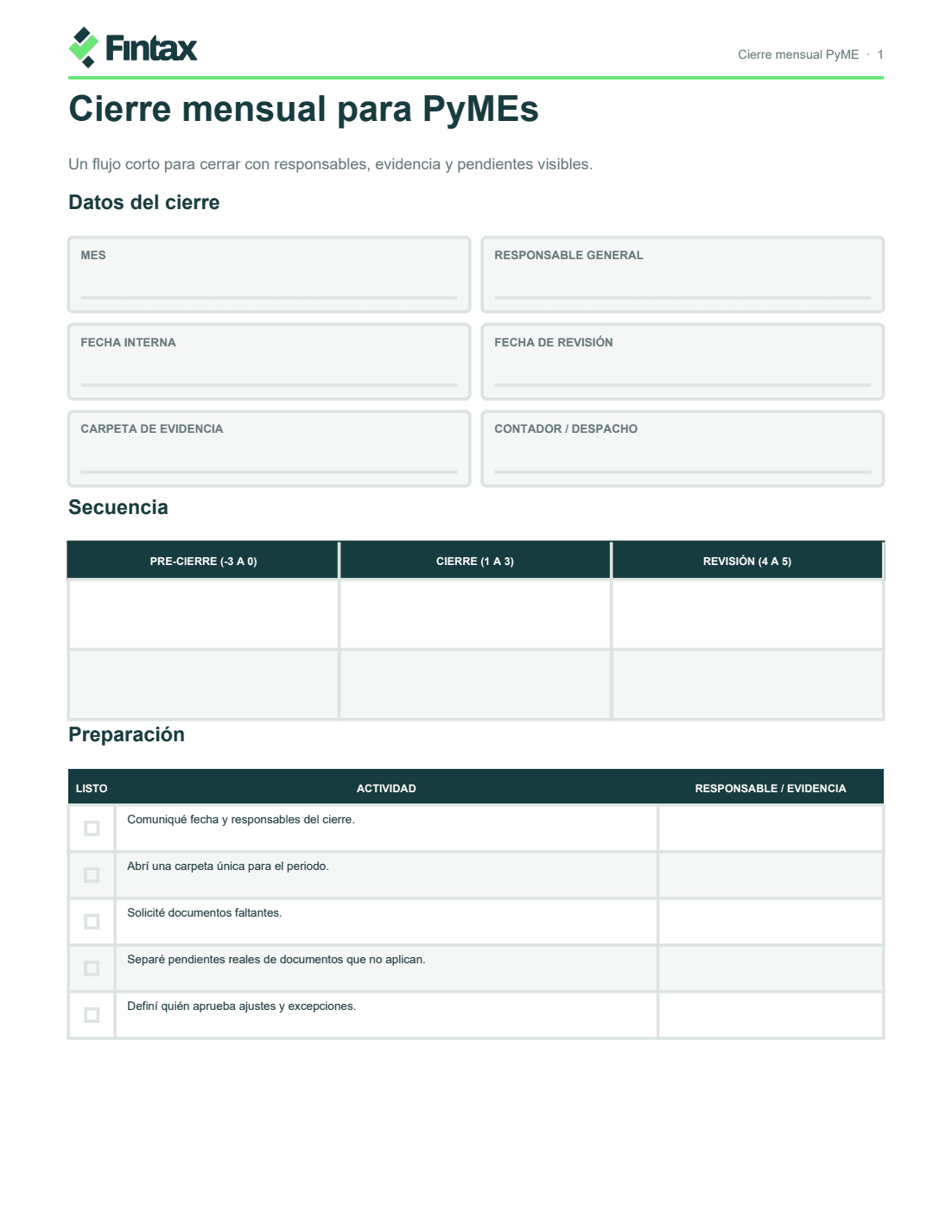 Checklist imprimible de cierre mensual para PYMEs
