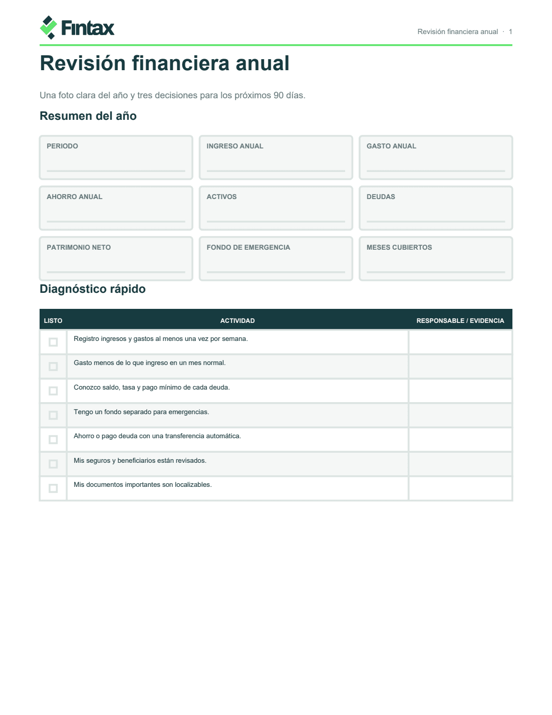 Feuille imprimable de bilan financier annuel
