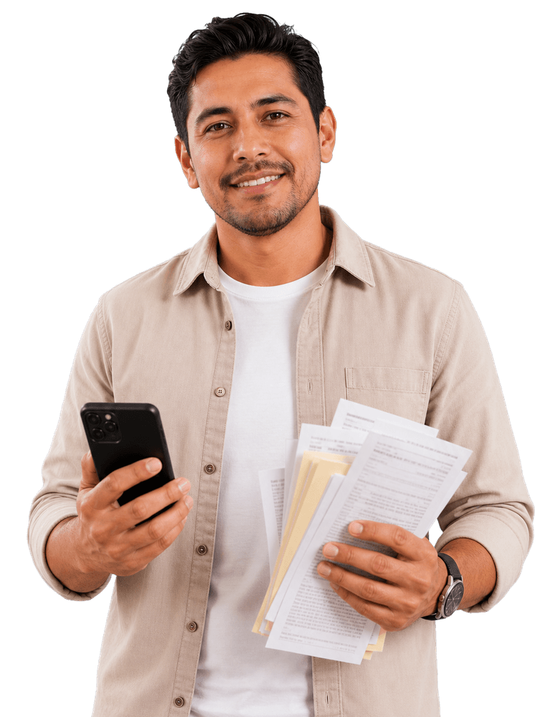Profesional emprendedor con recibos y teléfono para gestionar sus impuestos con Fintax