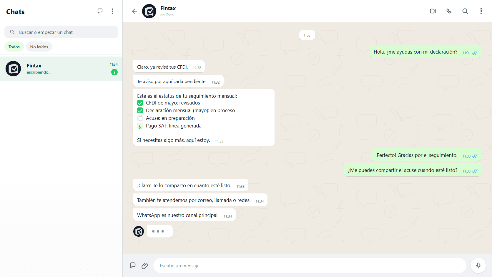 Chat de WhatsApp con un contador de Fintax respondiendo dudas de seguimiento fiscal