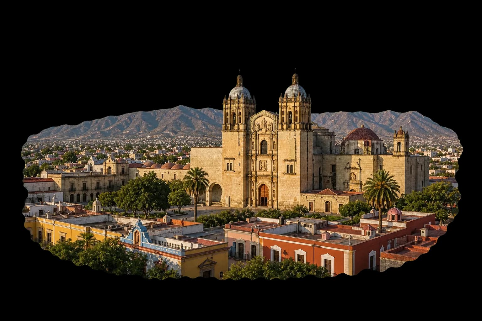 Vista de Oaxaca con arquitectura colonial y montanas