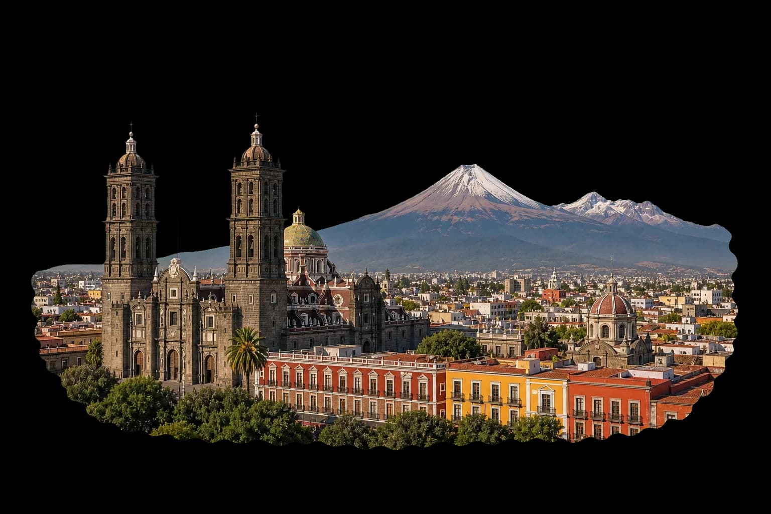 Vista de Puebla con catedral y volcanes al fondo