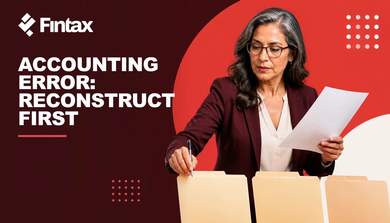 Businessman and accountant reconstructing an accounting error with documents from several fiscal years.