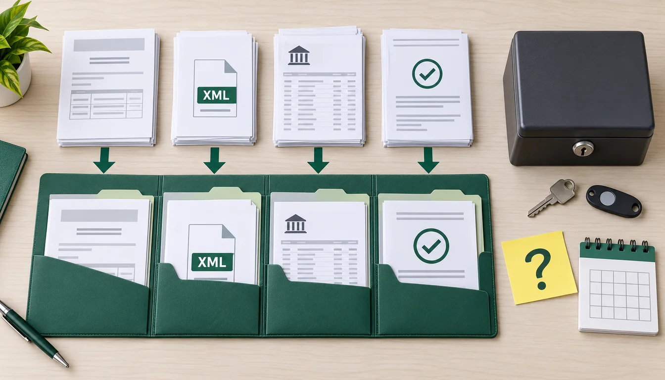 Ilustración educativa de una carpeta de consulta con información fiscal, XML, bancos y acuses separados, junto a una pregunta concreta.