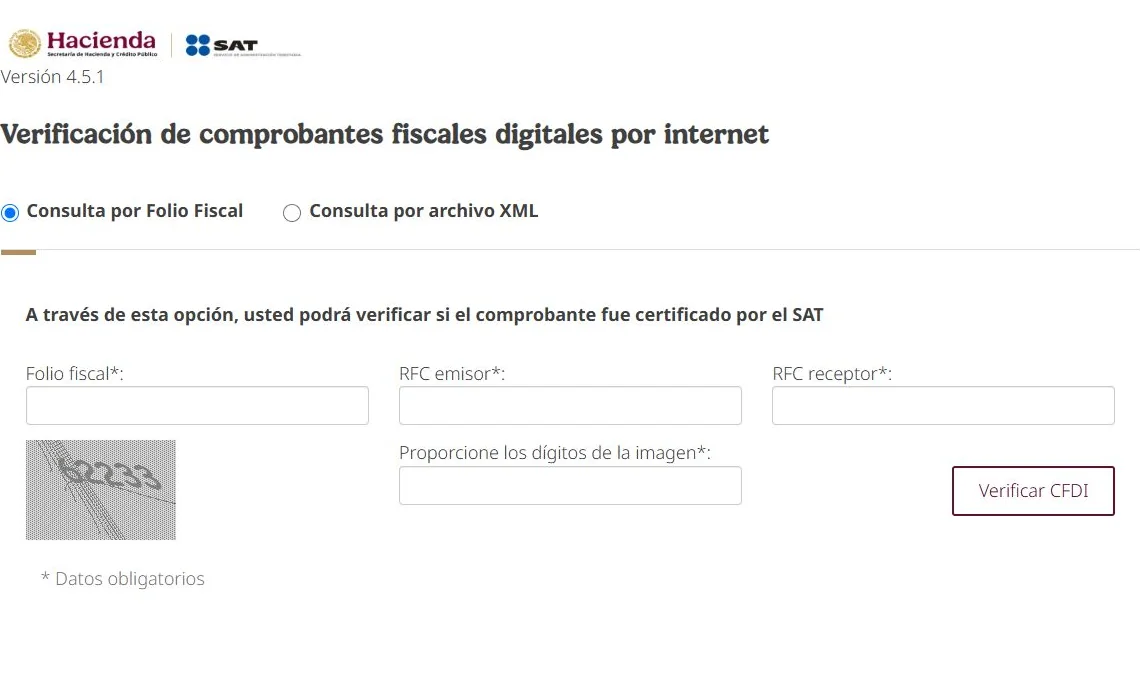 Real public SAT CFDI verifier with fiscal-folio, issuer RFC, recipient RFC and CAPTCHA fields empty.