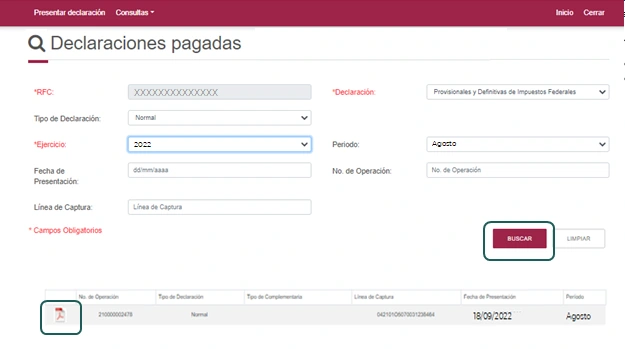 SAT RESICO manual example of Declaraciones pagadas with year, period, search controls and a PDF result.