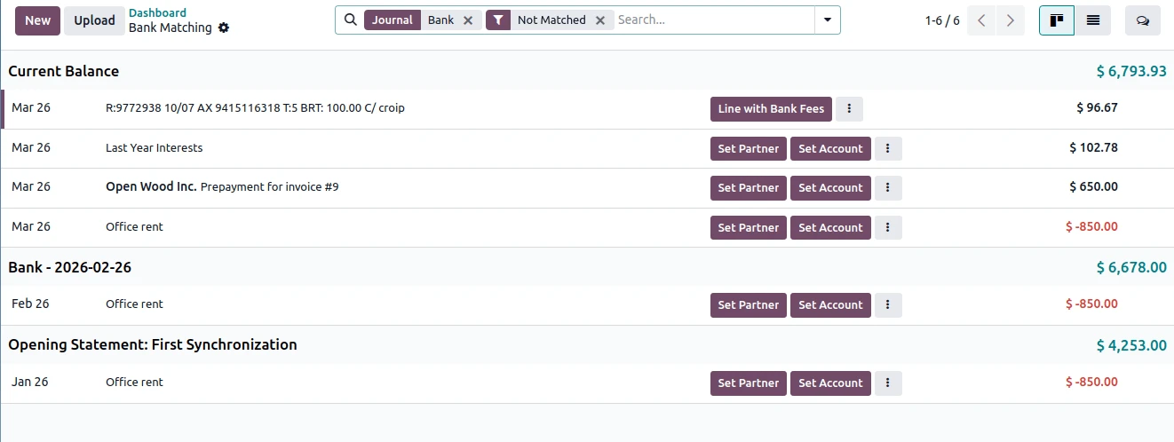 Real Odoo 19 Bank Matching example with unresolved movements, dates, amounts and counterpart selection.