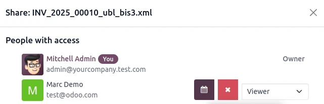 Permisos de un archivo de ejemplo en Odoo 19 con rol Viewer, calendario de vencimiento y botón para retirar acceso.