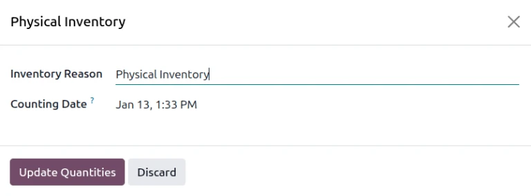 Diálogo Physical Inventory de Odoo 19 con Inventory Reason, Counting Date y Update Quantities.