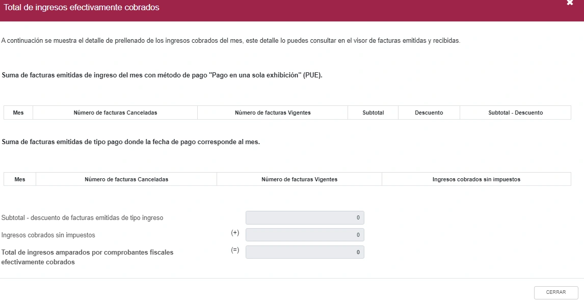 Detalle SAT de ingresos efectivamente cobrados con CFDI PUE y facturas de pago del mes