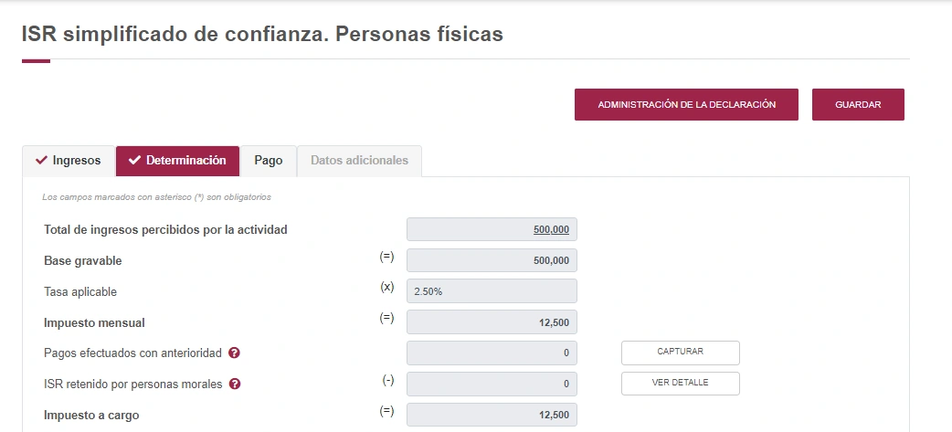 Determinación del ISR mensual RESICO con ingresos, base, tasa e ISR retenido por personas morales