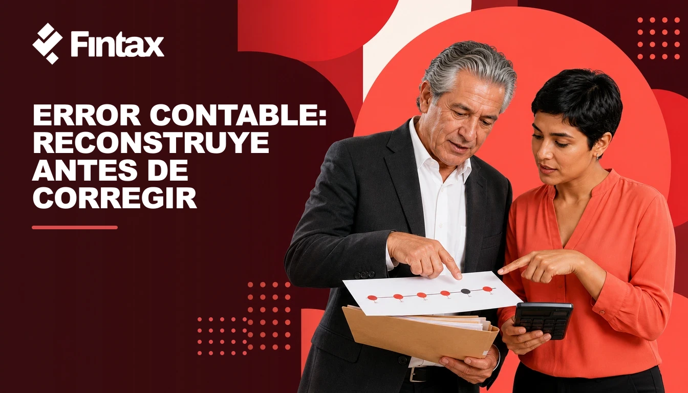 Empresario y contadora reconstruyendo un error contable con documentos de varios ejercicios.