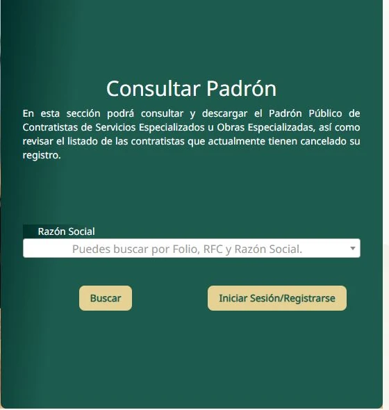 Empty public REPSE Consultar Padrón form offering folio, RFC and legal-name search.