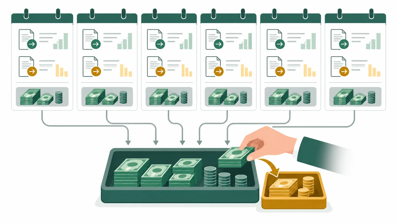 Educational illustration: collections and payments over six periods feed a cash pool with a separate reserve.