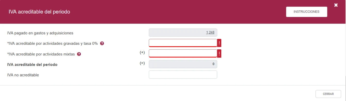 Historical SAT RESICO VAT-manual panel separating paid VAT, creditable VAT, mixed activities and noncreditable VAT.